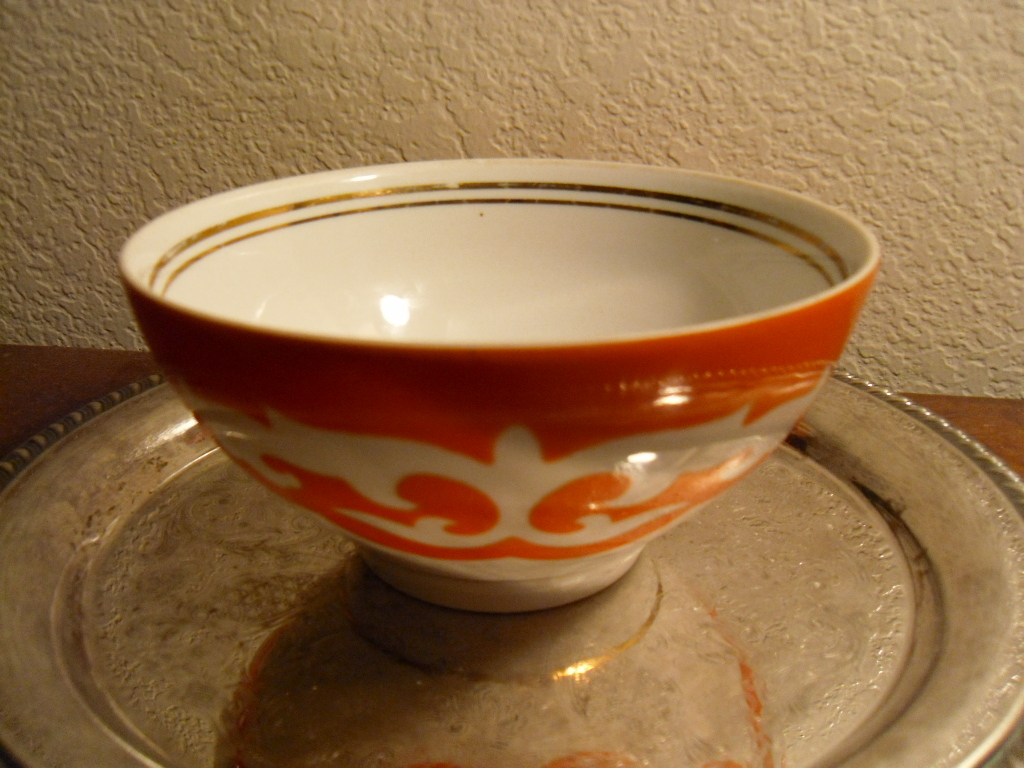 vintage Uzbek Russian IKAT orange porcelain cup bowl pijala - Uzbekistan vintage Uzbek Russian IKAT orange porcelain cup bowl pijala - Uzbekistan