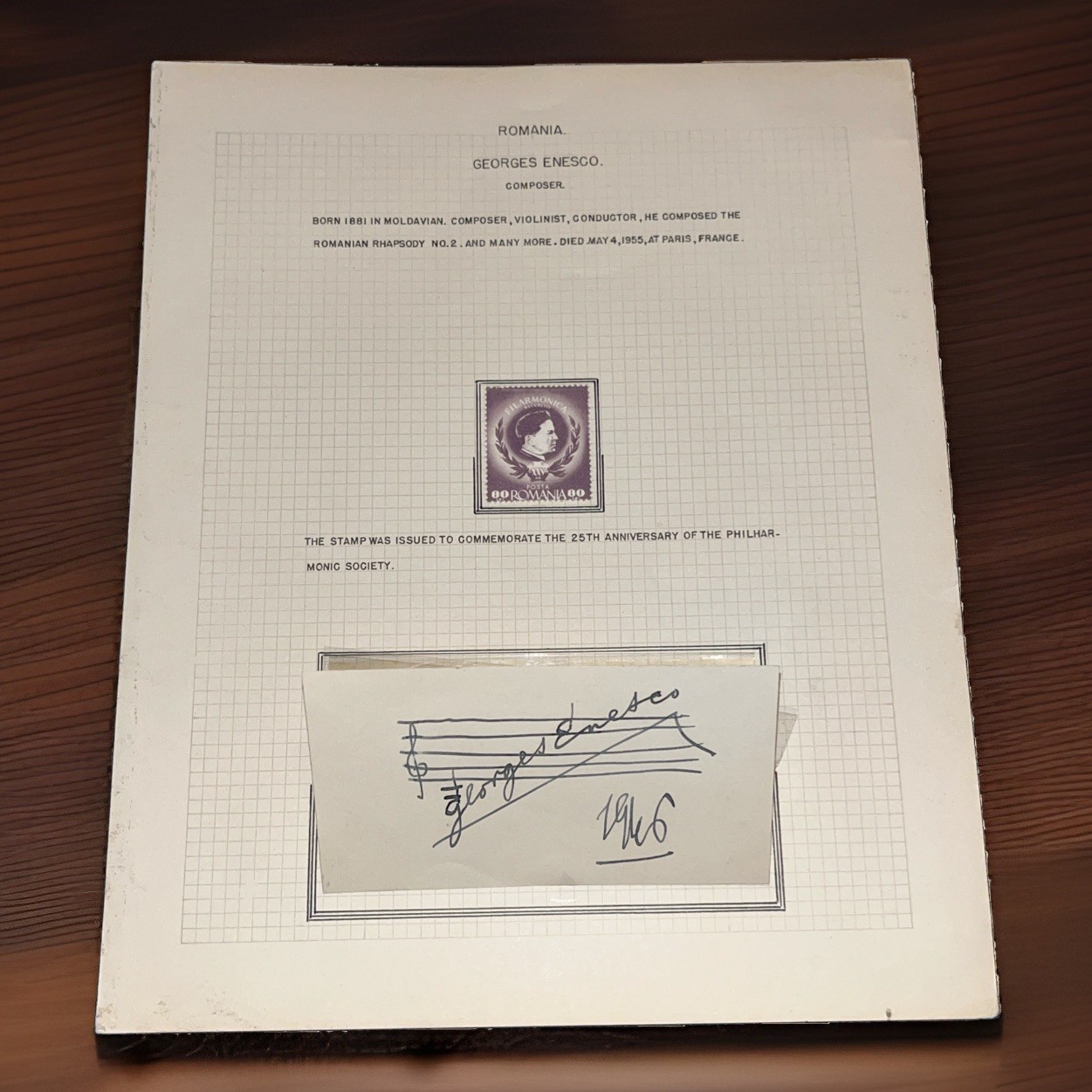 Georges Enesco Signed Autograph 1946 Vintage Stamp Presentation Page Enescu Georges Enesco Signed Autograph 1946 Vintage Stamp Presentation Page Enescu