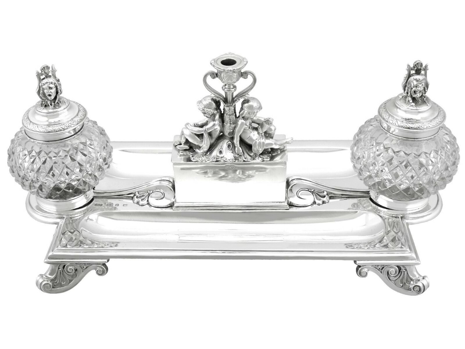 Antique Victorian Sterling Silver and Glass Inkstand / Desk Standish Antique Victorian Sterling Silver and Glass Inkstand / Desk Standish