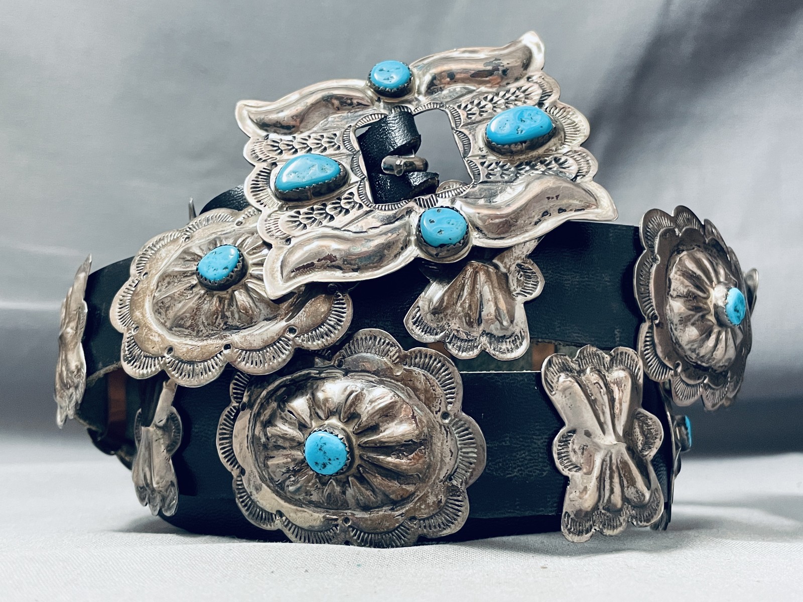 IMPORTANT BEN YAZZIE VINTAGE NAVAJO TURQUOISE STERLING SILVER CONCHO BELT