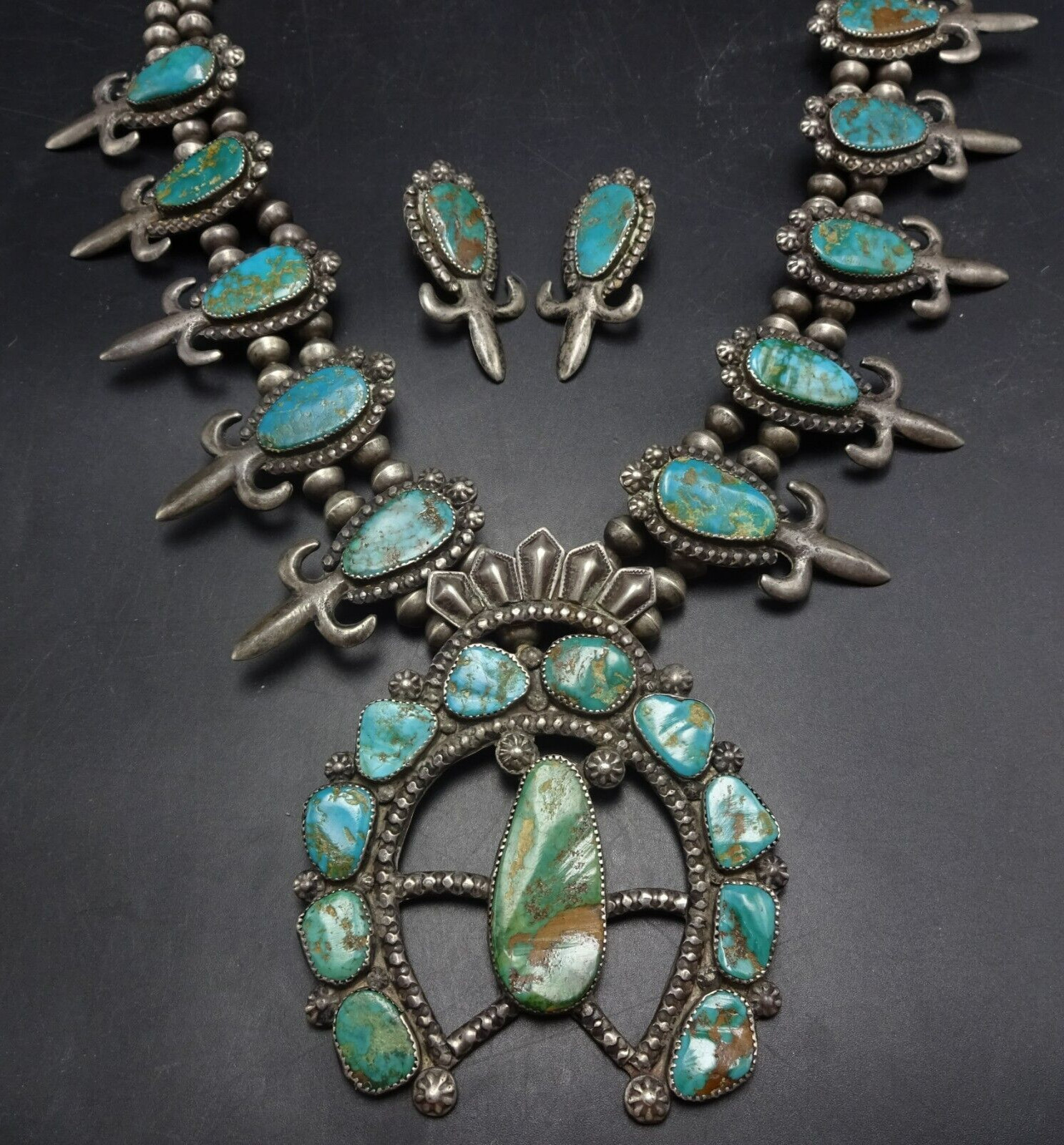 OLD 1940s Sterling Silver TURQUOISE Squash Blossom NECKLACE & EARRINGS Set