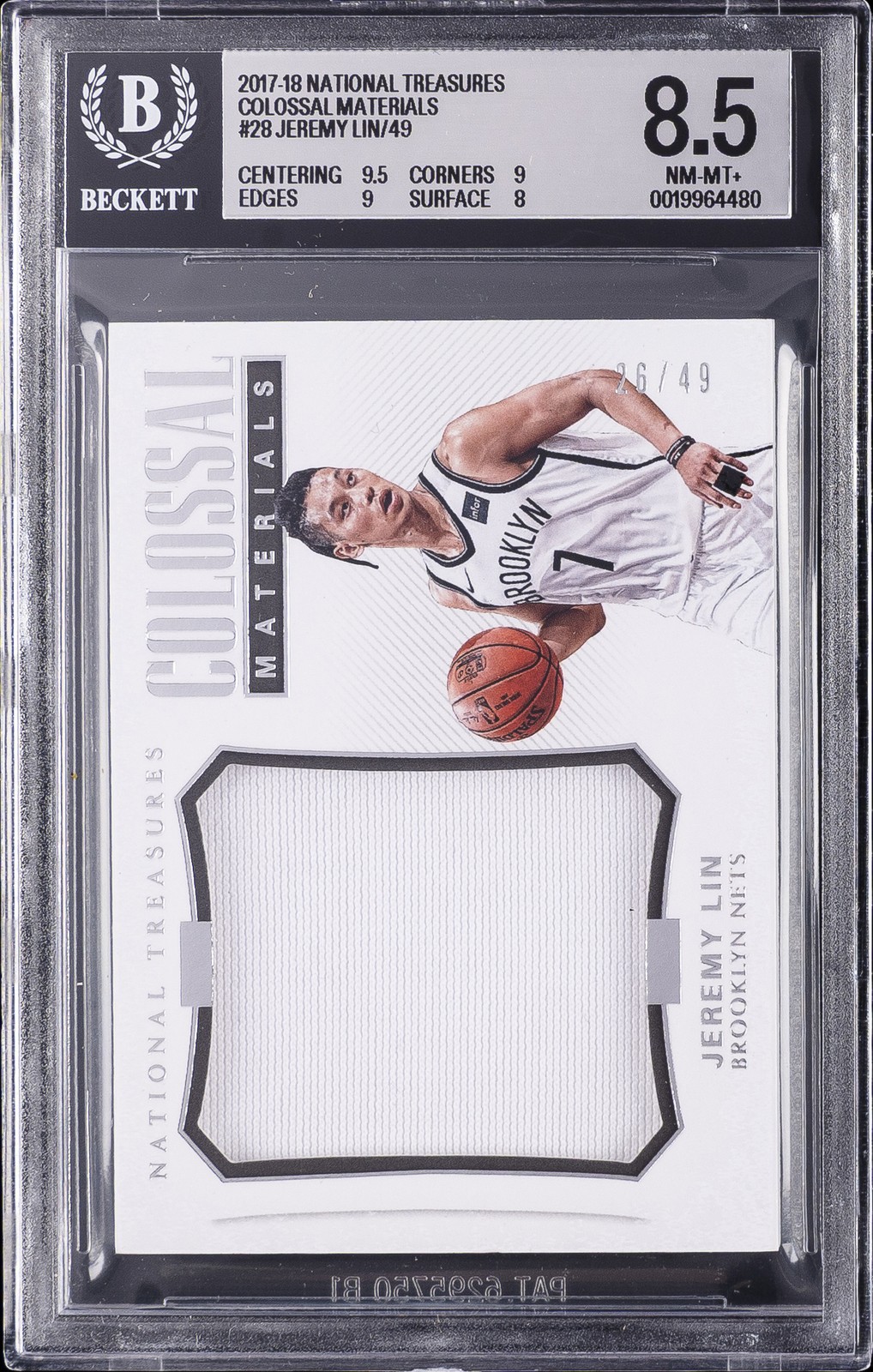 2017-18 NATIONAL TREASURES JEREMY LIN/49 #28 COLOSSAL MATERIALS BGS 8.5