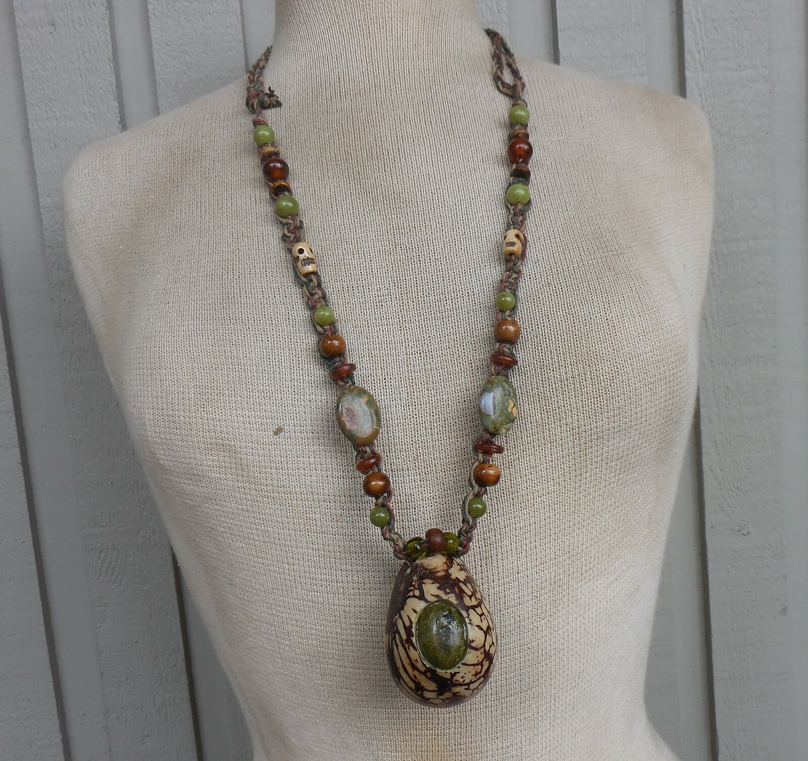 Tagua Secret Pipe Hemp Necklace Unakite Rain Forest Jasper Jade Beads Adjustable Tagua Secret Pipe Hemp Necklace Unakite Rain Forest Jasper Jade Beads Adjustable