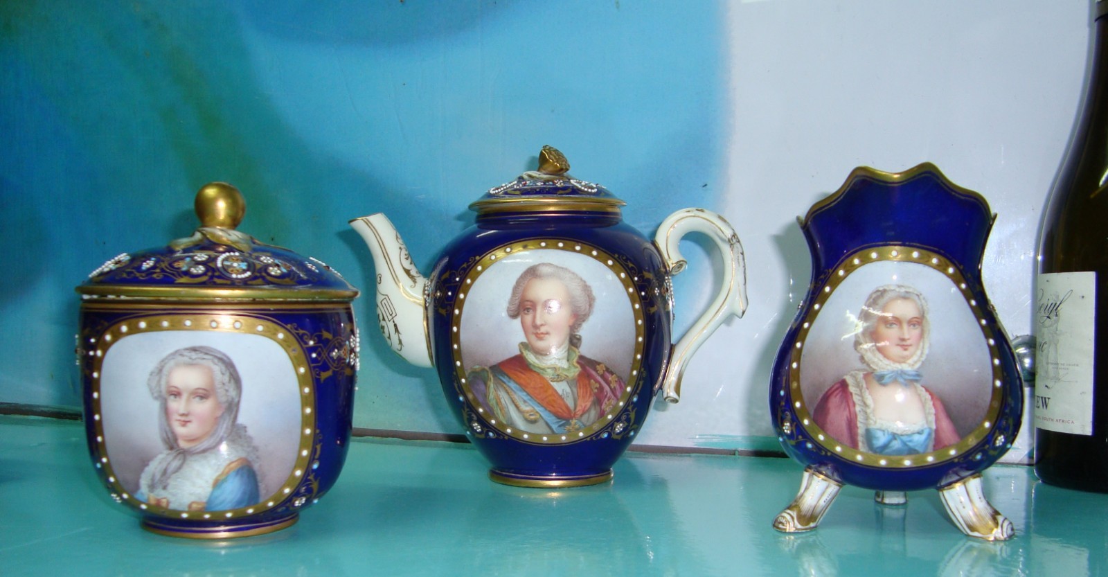 5pc RARE Sevres French Jeweled Portrait Tea set pot sugar bowl creamer + lids 5pc RARE Sevres French Jeweled Portrait Tea set pot sugar bowl creamer + lids