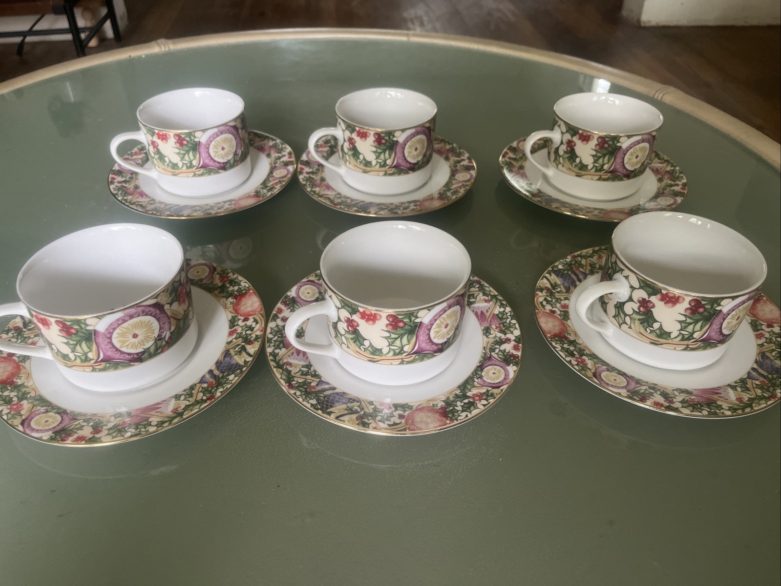 Set Of 6 American Atelier Ornaments #5105 Flat Teacups And Saucers. Scarce Set Of 6 American Atelier Ornaments #5105 Flat Teacups And Saucers. Scarce