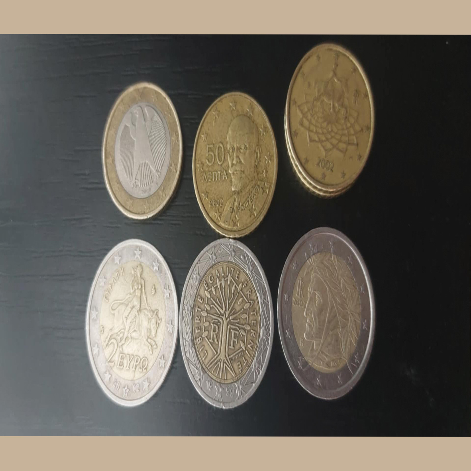 coin collection , 7 rare coins in gift box , 2 ,1 euro 50 cent rare 1999-2002