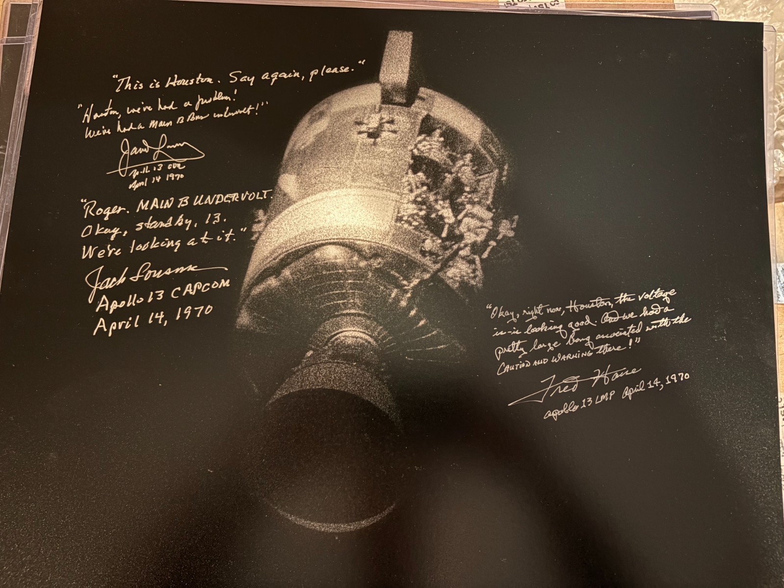 Jim Lovell Fred Haise Jack Lousma signed 16x20 photo Apollo 13 Long Inscription Jim Lovell Fred Haise Jack Lousma signed 16x20 photo Apollo 13 Long Inscription