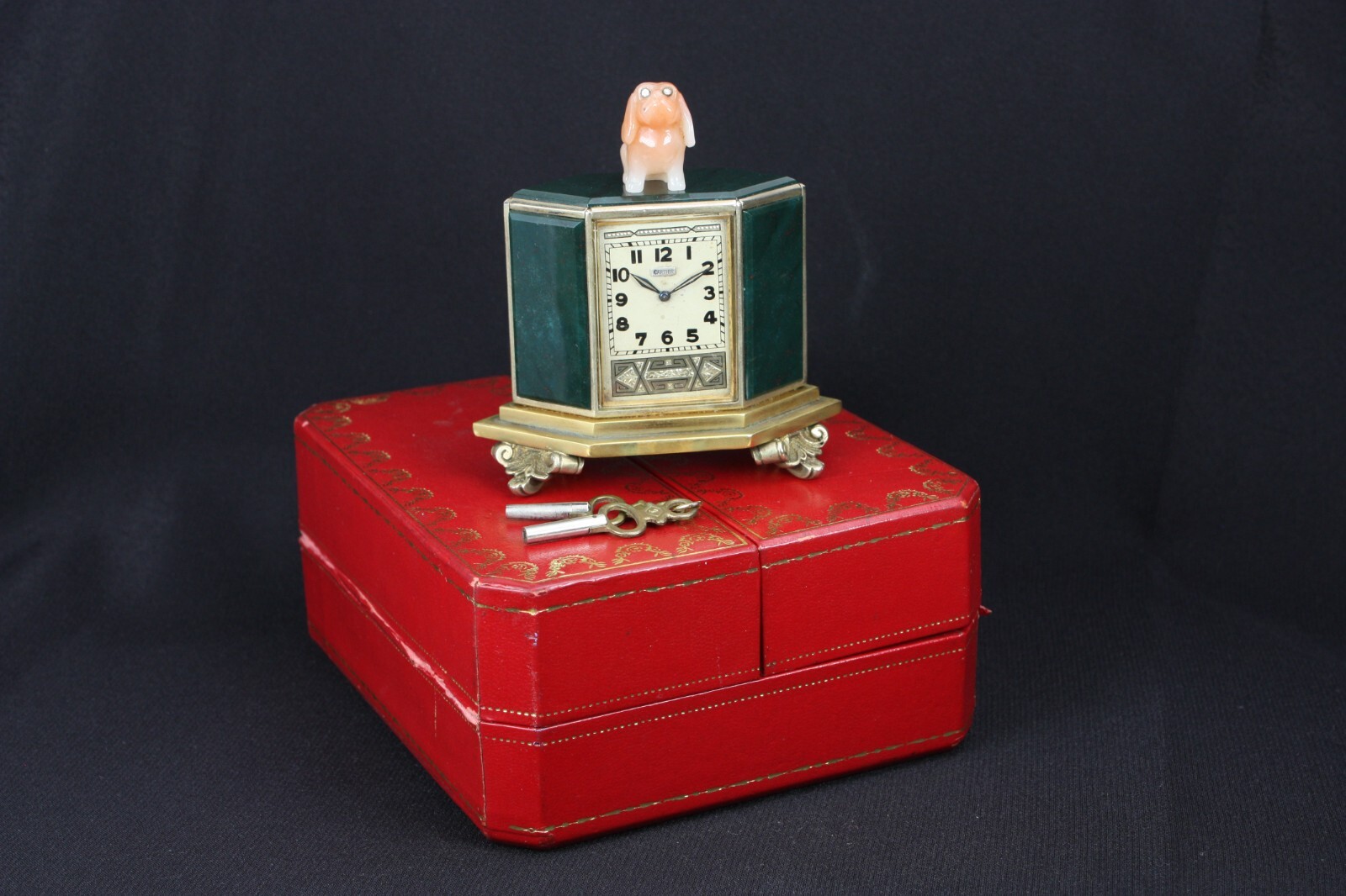Cartier 1930's Vintage Sterling Vermeil Bloodstone & Jade Keywind Boudoir Clock