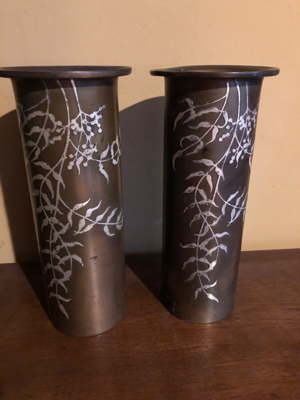 2  Early Heintz 12 In  Sterling Silver On Bronze  1914 set Vases Art Mental