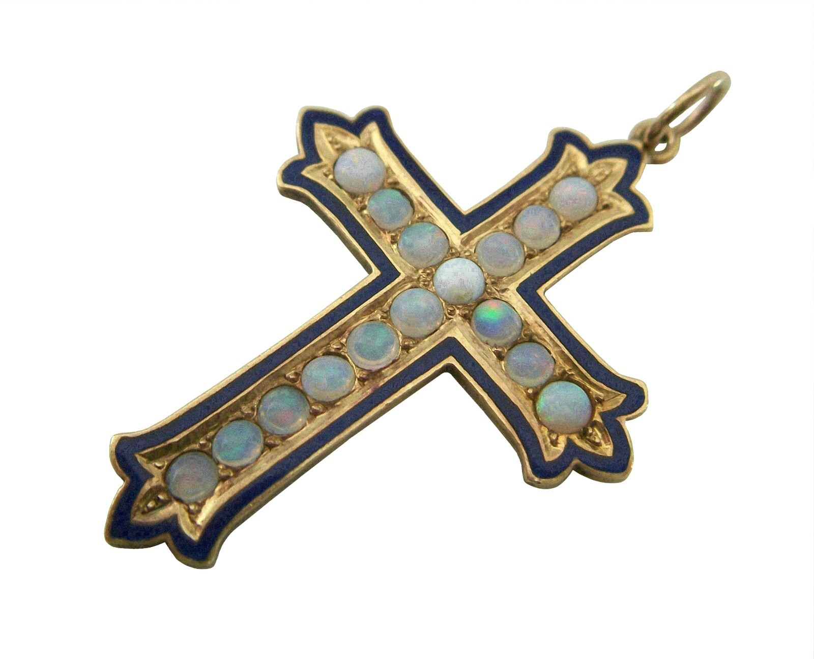 Renaissance Revival Jelly Opal & 18K Gold Cross with Blue Enamel - Circa 1880's