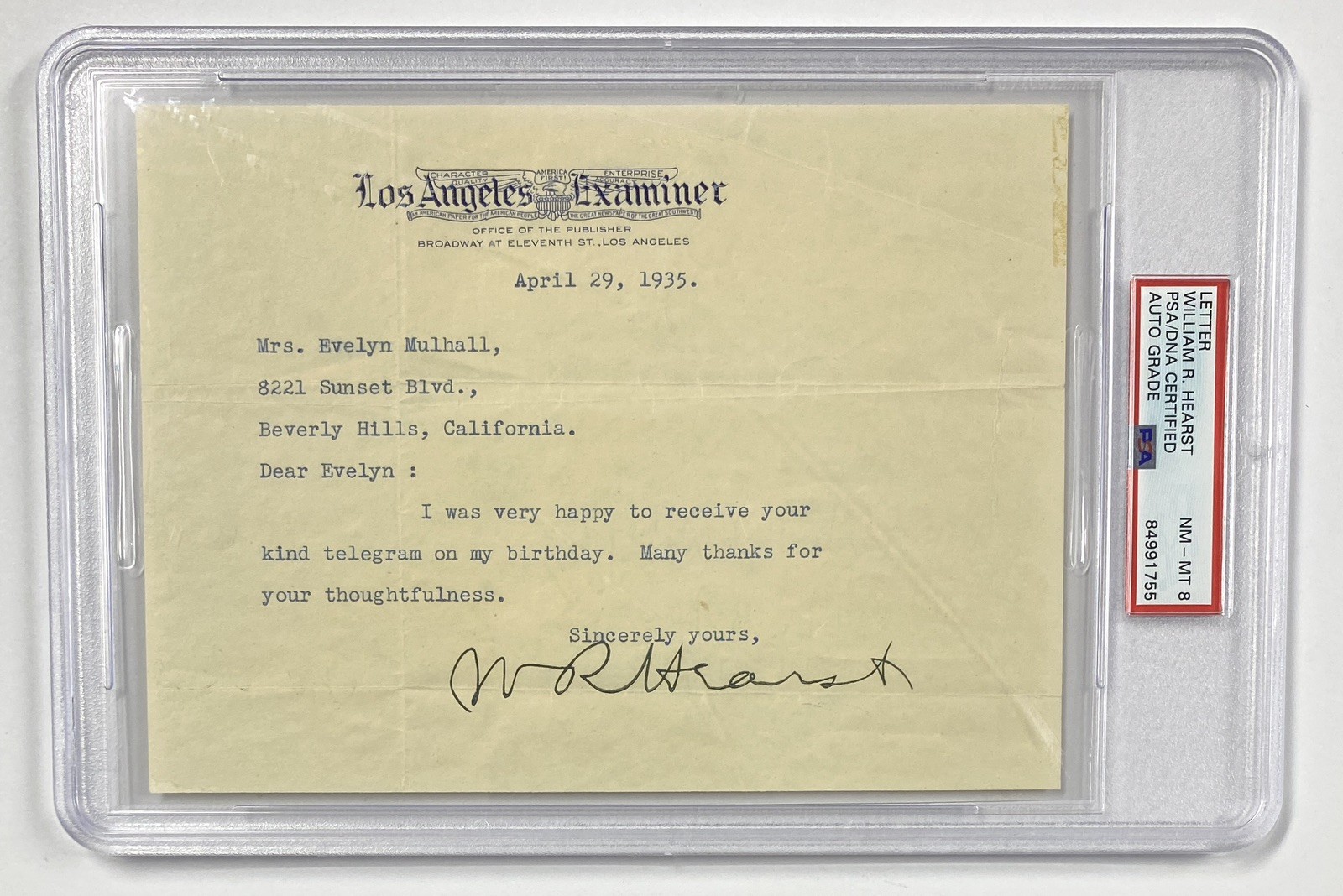 William Randolph Hearst Signed Letter 1935 Los Angeles Examiner - PSA William Randolph Hearst Signed Letter 1935 Los Angeles Examiner - PSA